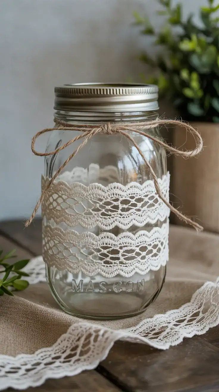 mason jar wrapped with lace and linen for a soft decorative look