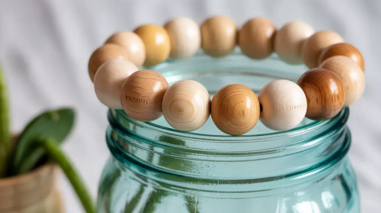 detail shot of wooden beads arranged on mason jar rim