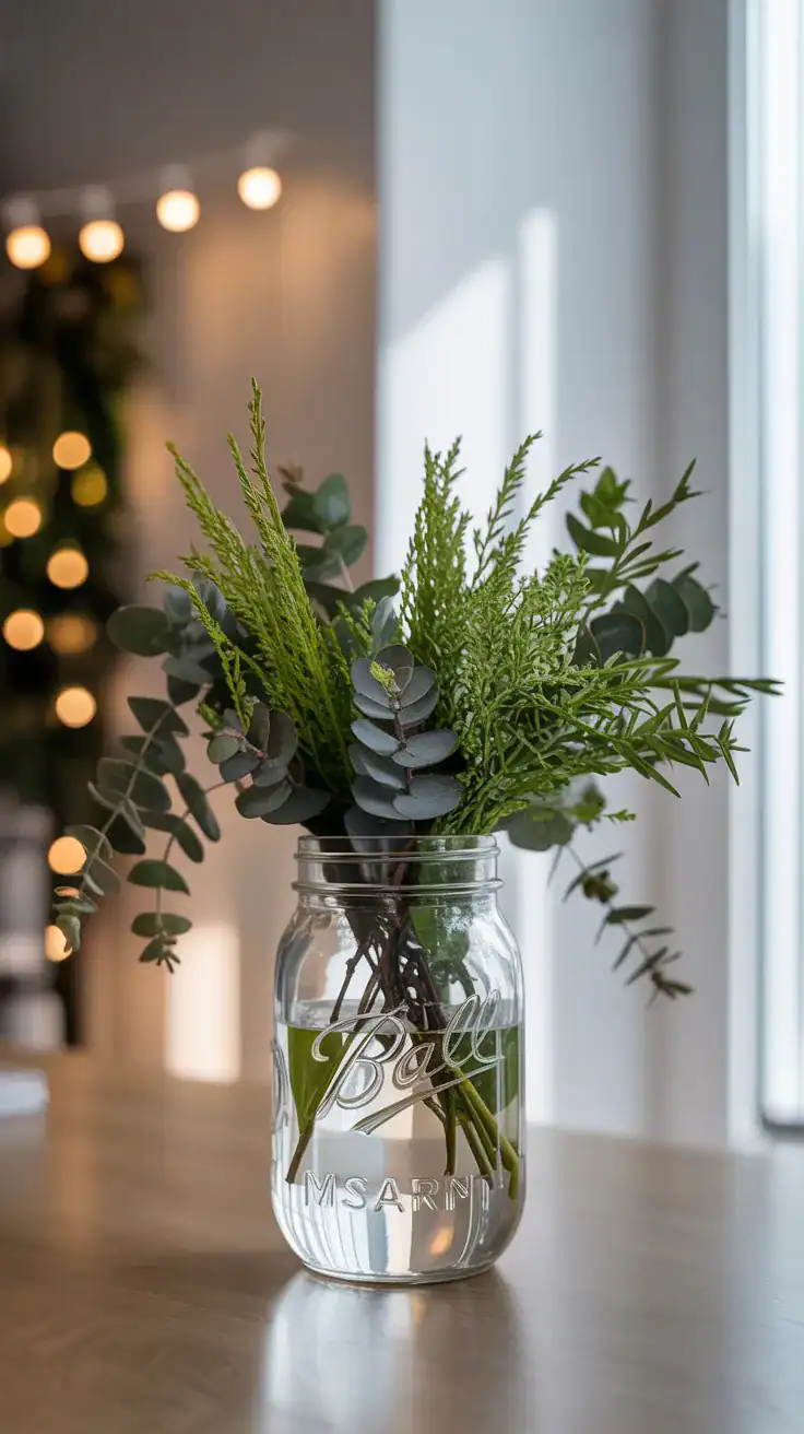 mason jar with fresh greenery styled in a bright interior