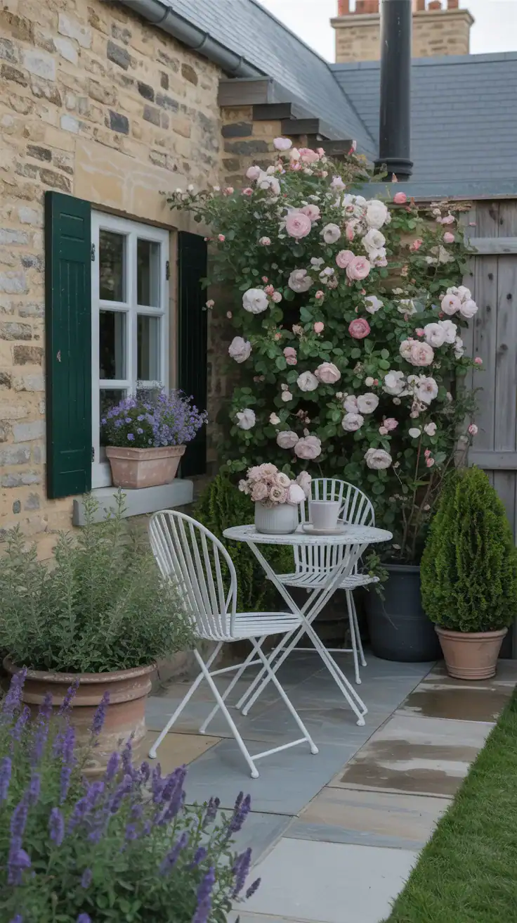 small stone patio corner with climbing roses and soft cottage garden planting in a charming outdoor space
