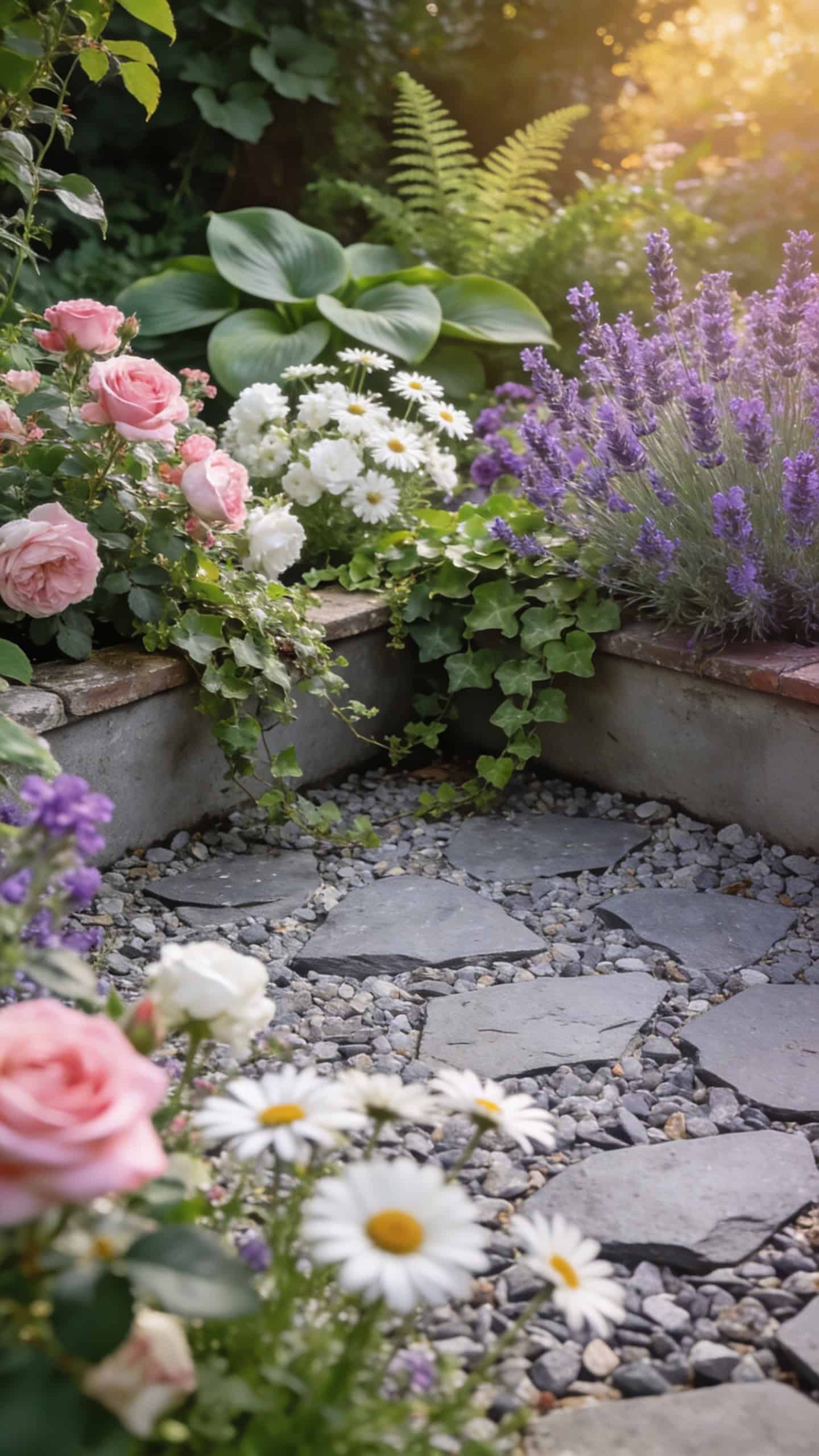 gravel patio corner surrounded by lush cottage garden flowers and greenery with natural overflow