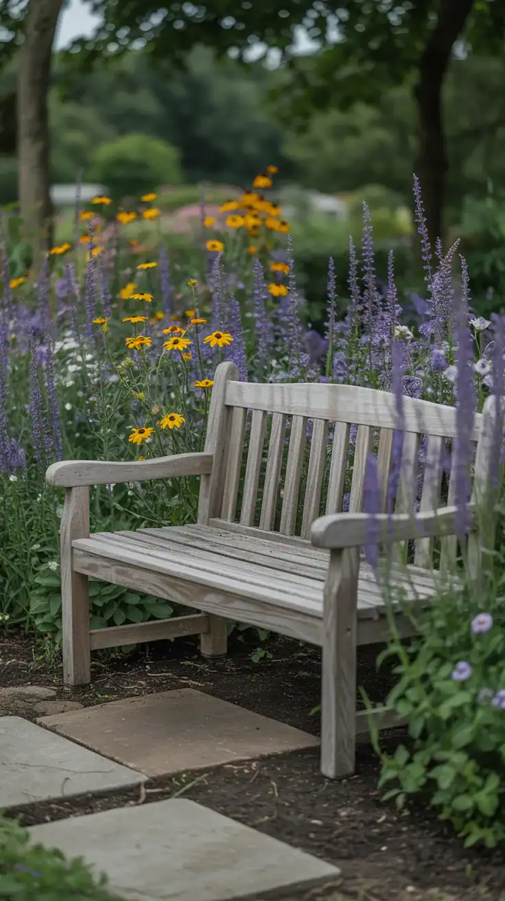 wooden bench hidden in a garden corner surrounded by tall cottage flowers creating intimate seating