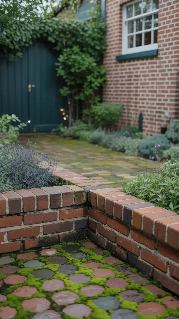brick patio corner with moss growing between bricks in a cottage garden setting