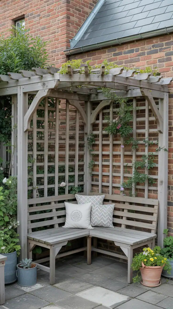 small corner pergola covered in climbing plants in a cottage garden patio