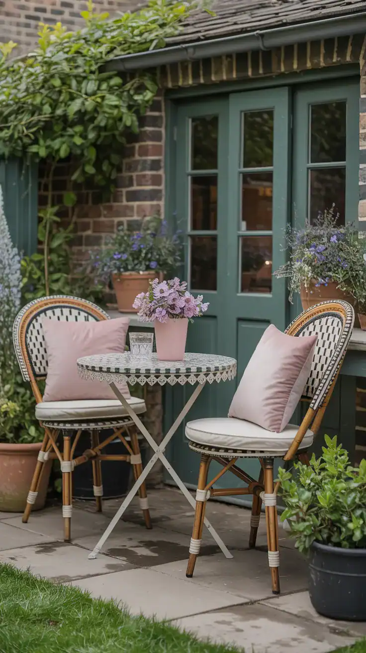 vintage bistro patio corner with cushions and soft textiles in a cottage garden