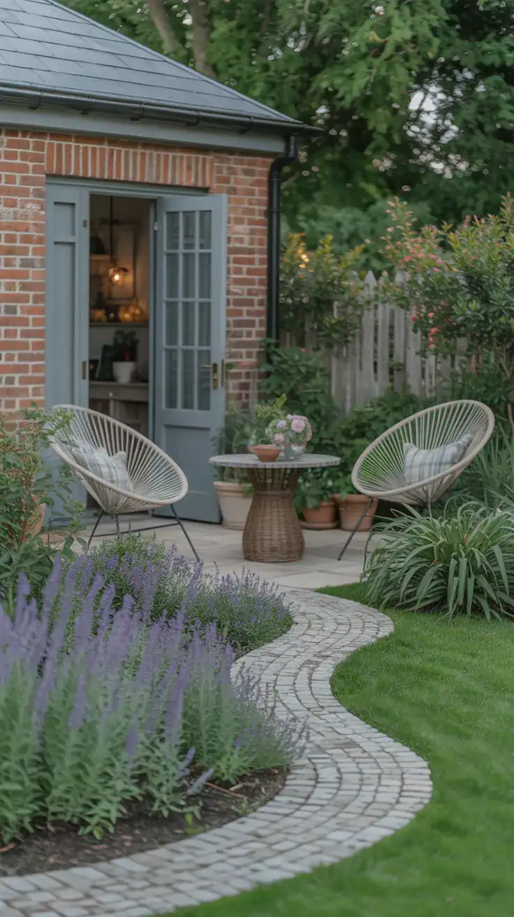 patio corner connected by a winding garden path through cottage planting