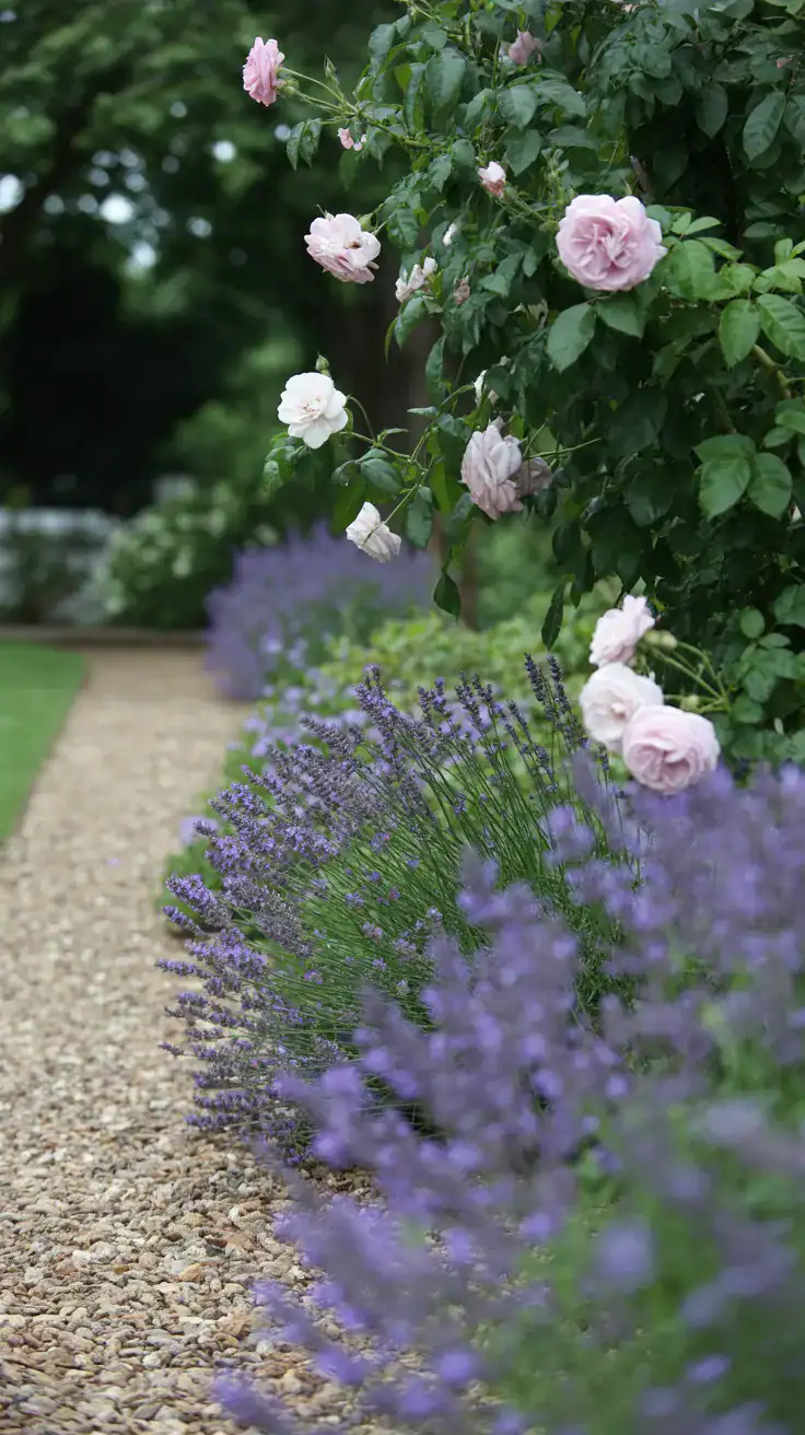 garden path edged with lavender and climbing roses nearby