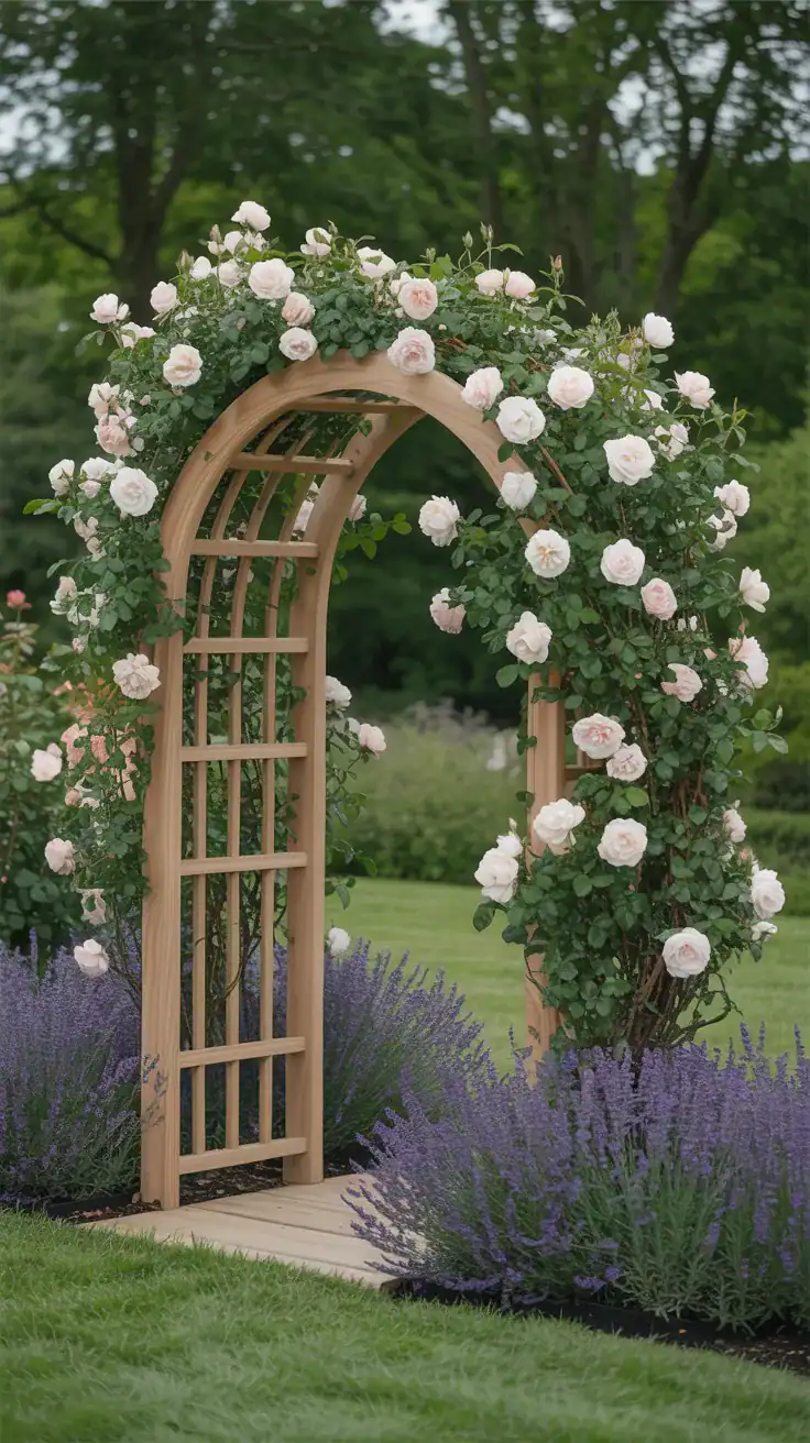wooden garden arch covered in roses with lavender planted at the base
