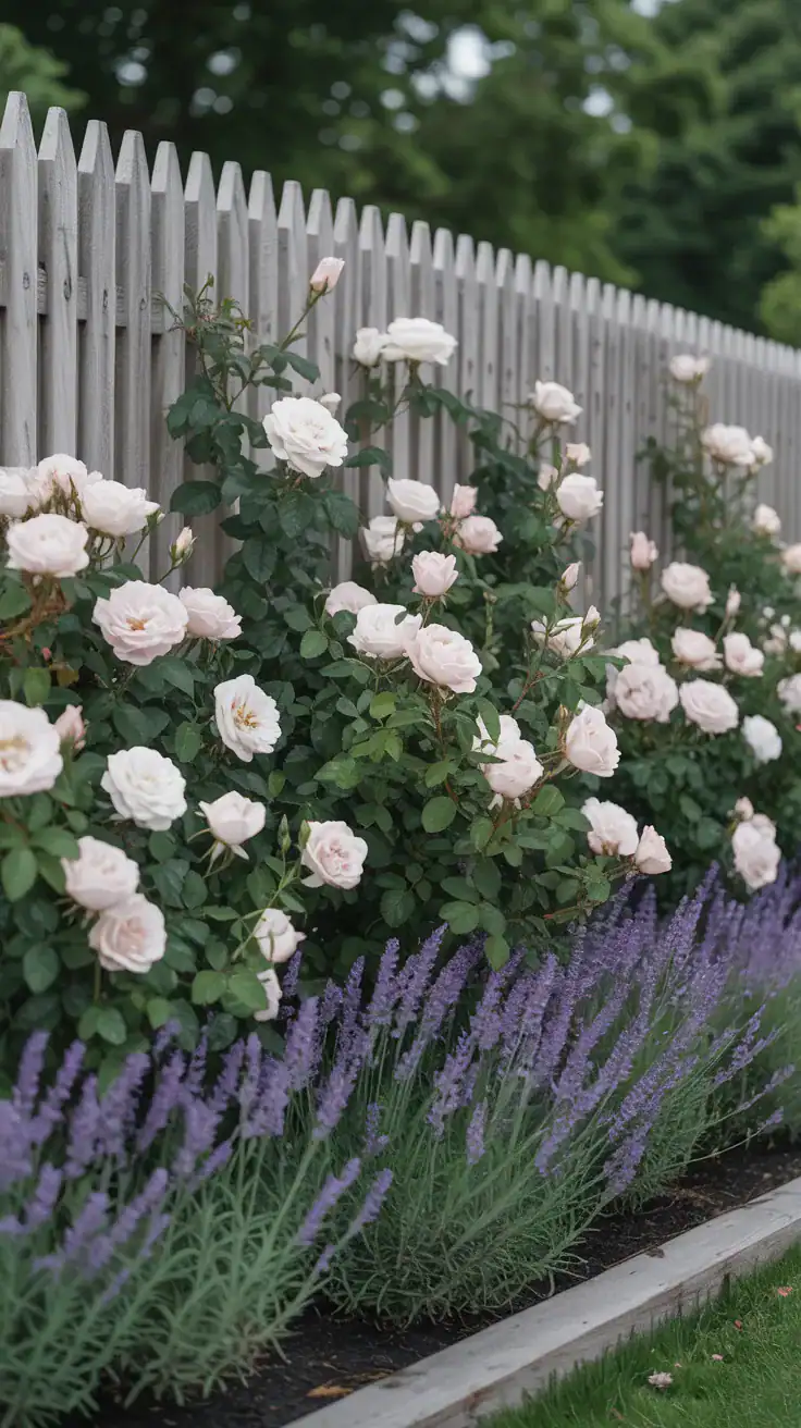 wooden fence with climbing roses and lavender along the base