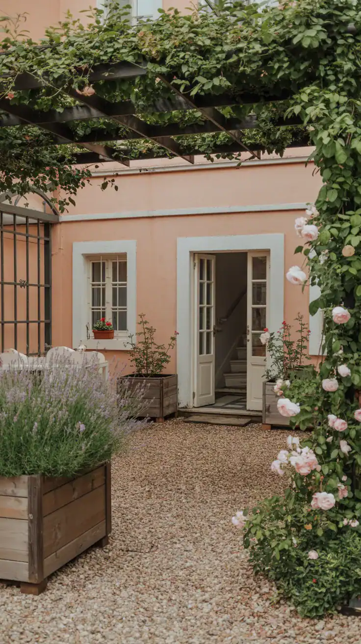 gravel courtyard framed with lavender and rose planters