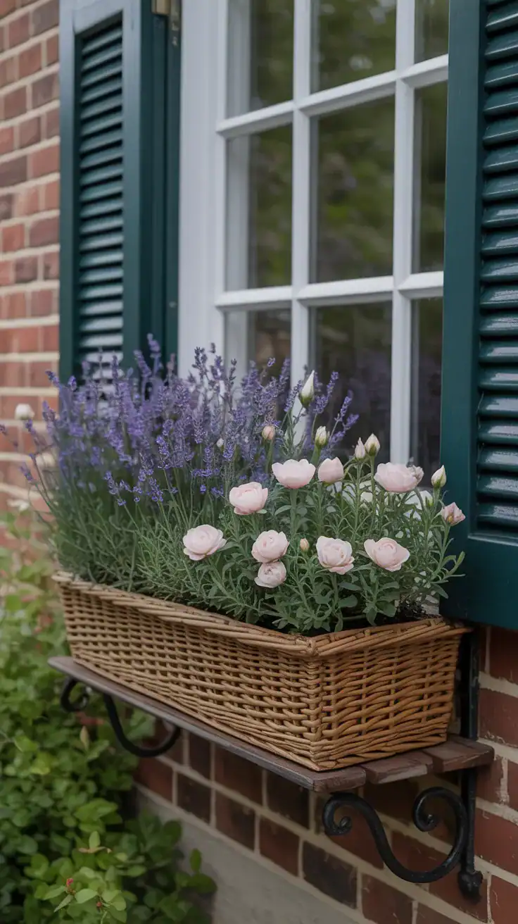 cottage window box filled with lavender and small roses