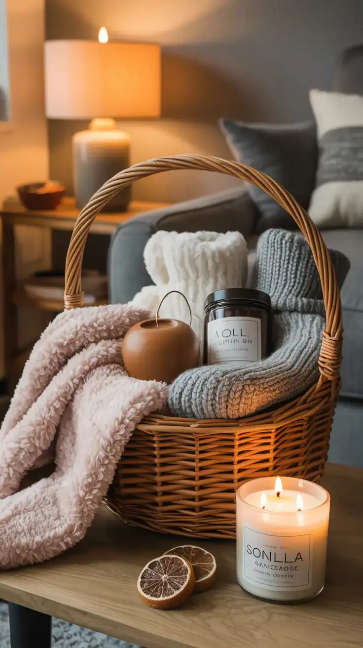 Cozy night in gift basket with soft blanket, fuzzy socks, and vanilla candle