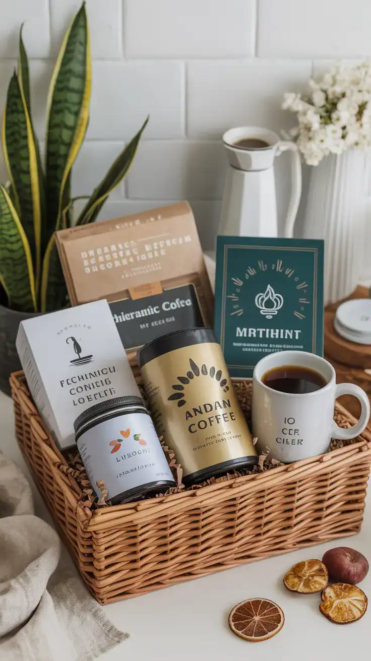 Morning self care gift basket with artisan coffee, ceramic mug, and breakfast items