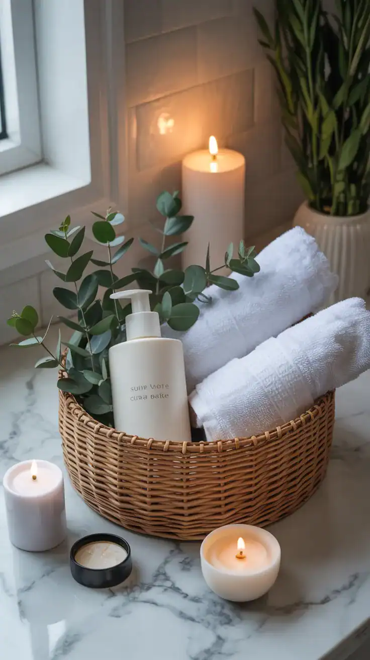 Spa themed self care basket with bath products, eucalyptus, and white towels