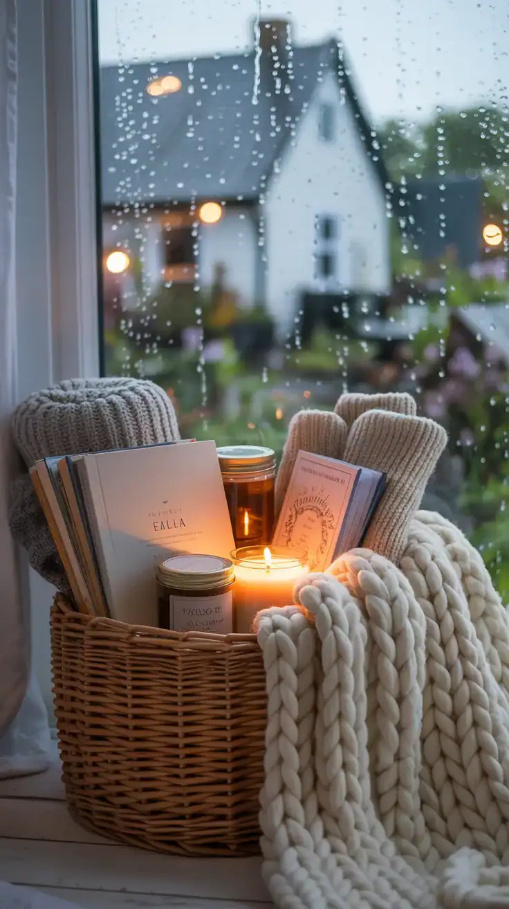 Rainy day gift basket with fuzzy socks, hot chocolate, and cozy book with a window showing raindrops