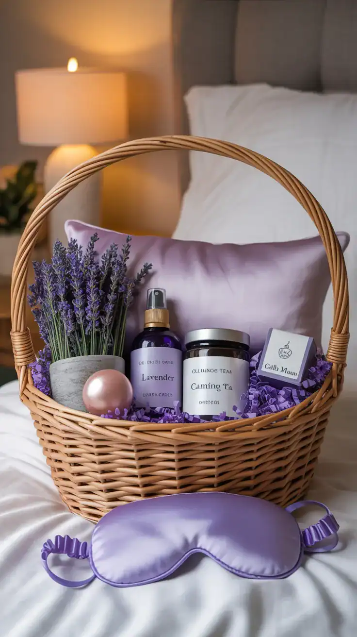 Sleep focused gift basket with lavender spray, silk pillowcase, and calming tea
