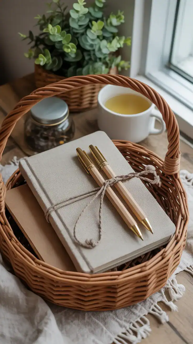 Journaling self care basket with linen notebook, quality pens, and herbal tea
