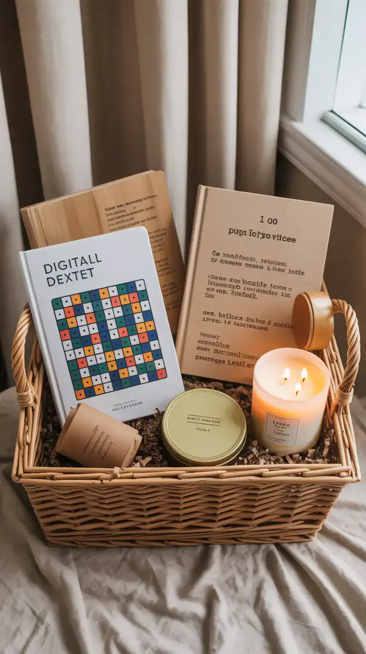 Digital detox gift basket with puzzle book, candle, and analog items