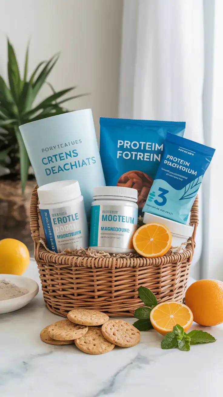 Gentle wellness gift basket with electrolytes, protein snacks, and magnesium powder