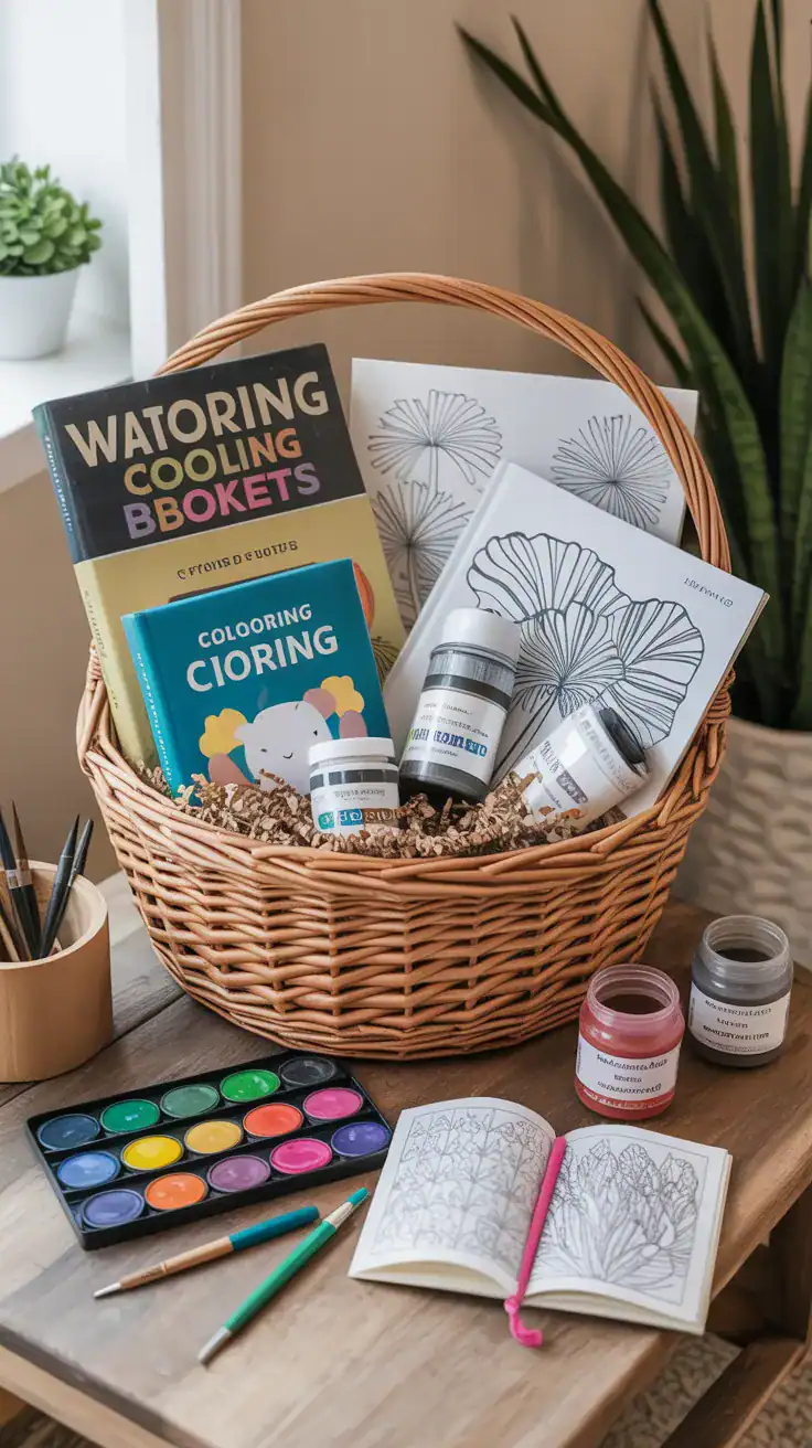 Creative hobby gift basket with watercolors, coloring books, and craft supplies