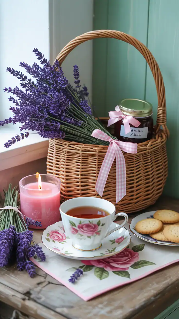 Cottagecore gift basket with dried lavender, floral teacup, and vintage style items