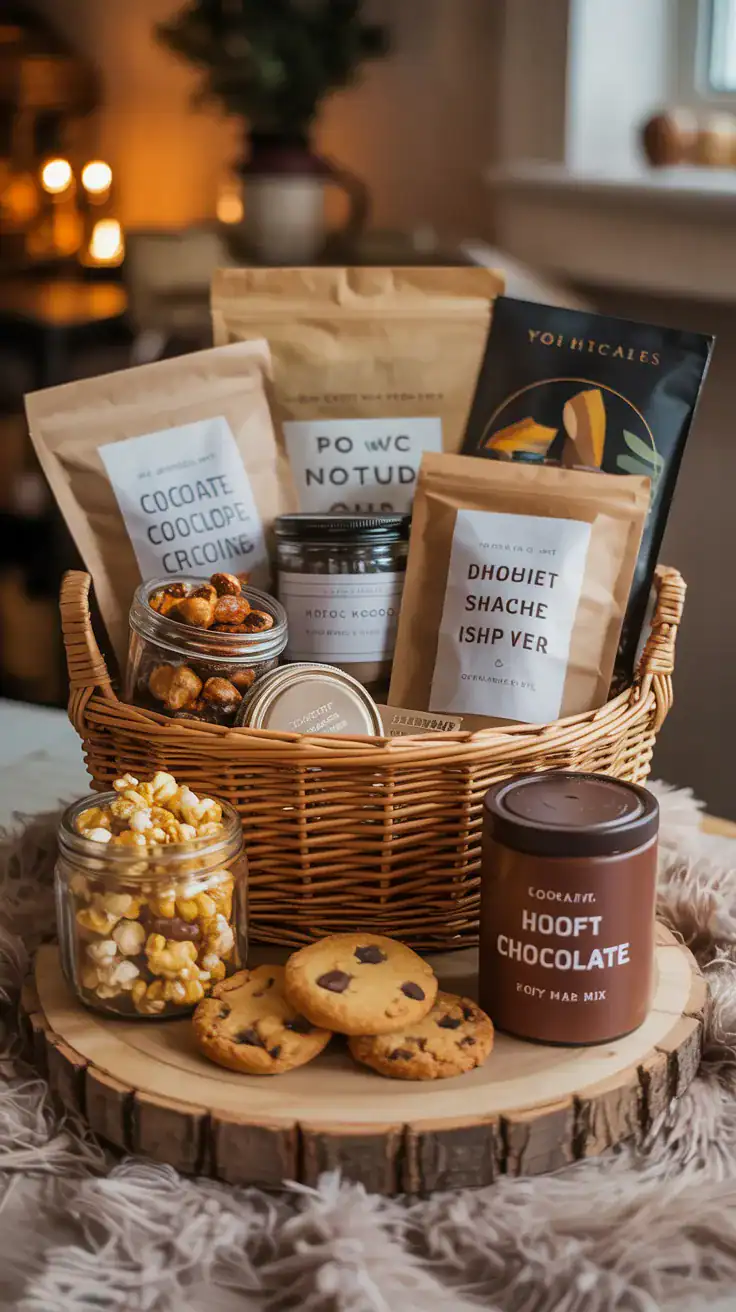 Cozy self care gift basket with cookies, popcorn, hot chocolate, tea, and mixed nuts in a rustic wicker basket.