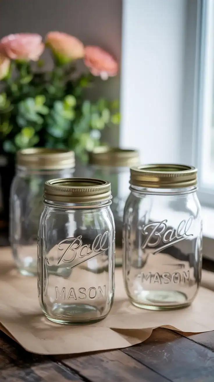 clean mason jars ready for painting on a neutral surface for vintage look tutorial