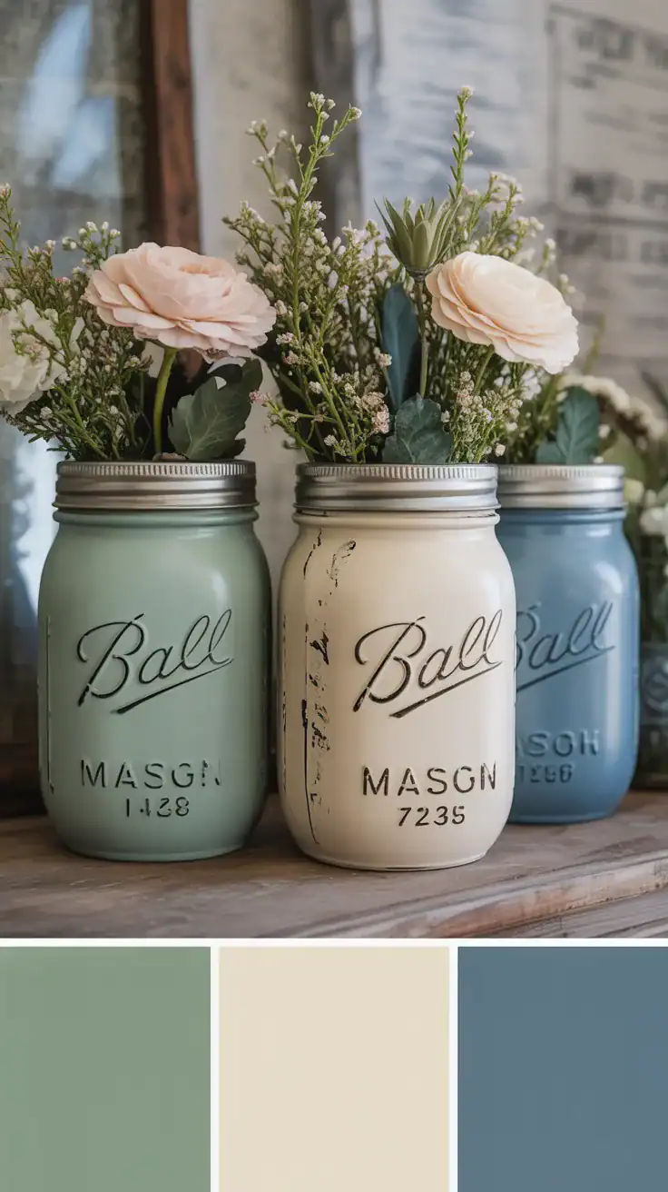 mason jars painted in sage green cream and dusty blue tones showing vintage color palette