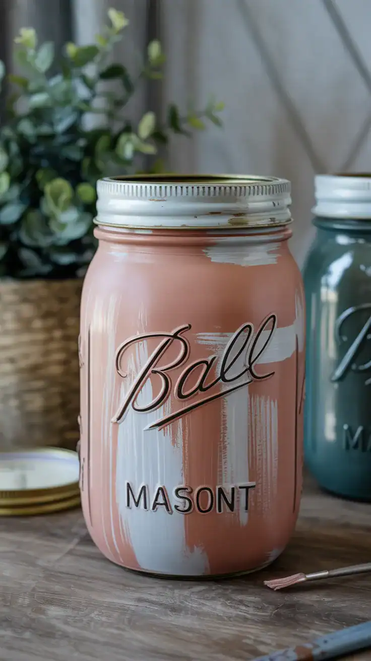 mason jar with a lightly brushed uneven paint layer showing vintage painting technique