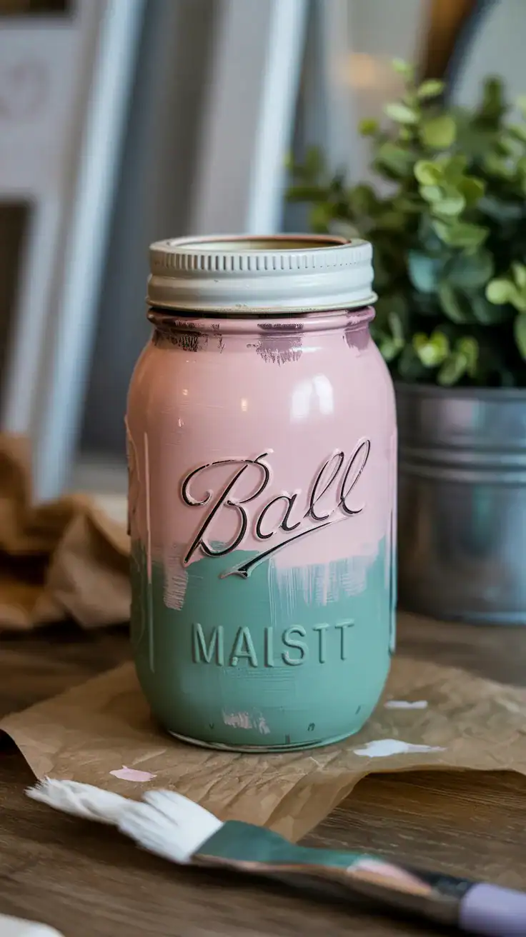 mason jar with layered paint creating a soft textured vintage finish