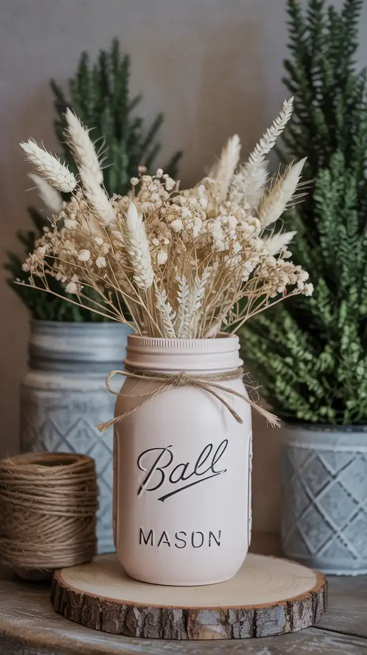 painted mason jar styled with dried flowers and twine in vintage farmhouse display