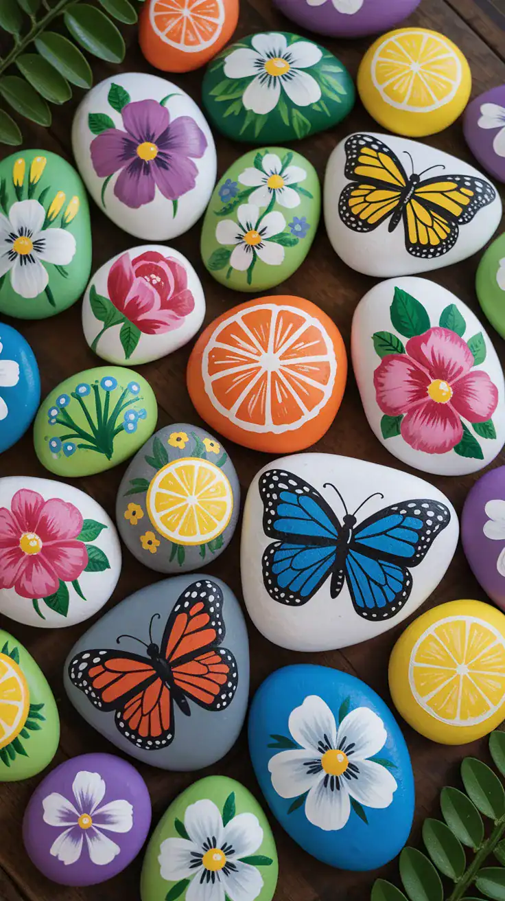 Charming seasonal painted rocks collection featuring autumn pumpkins, winter snowflakes, spring flowers, and summer citrus designs