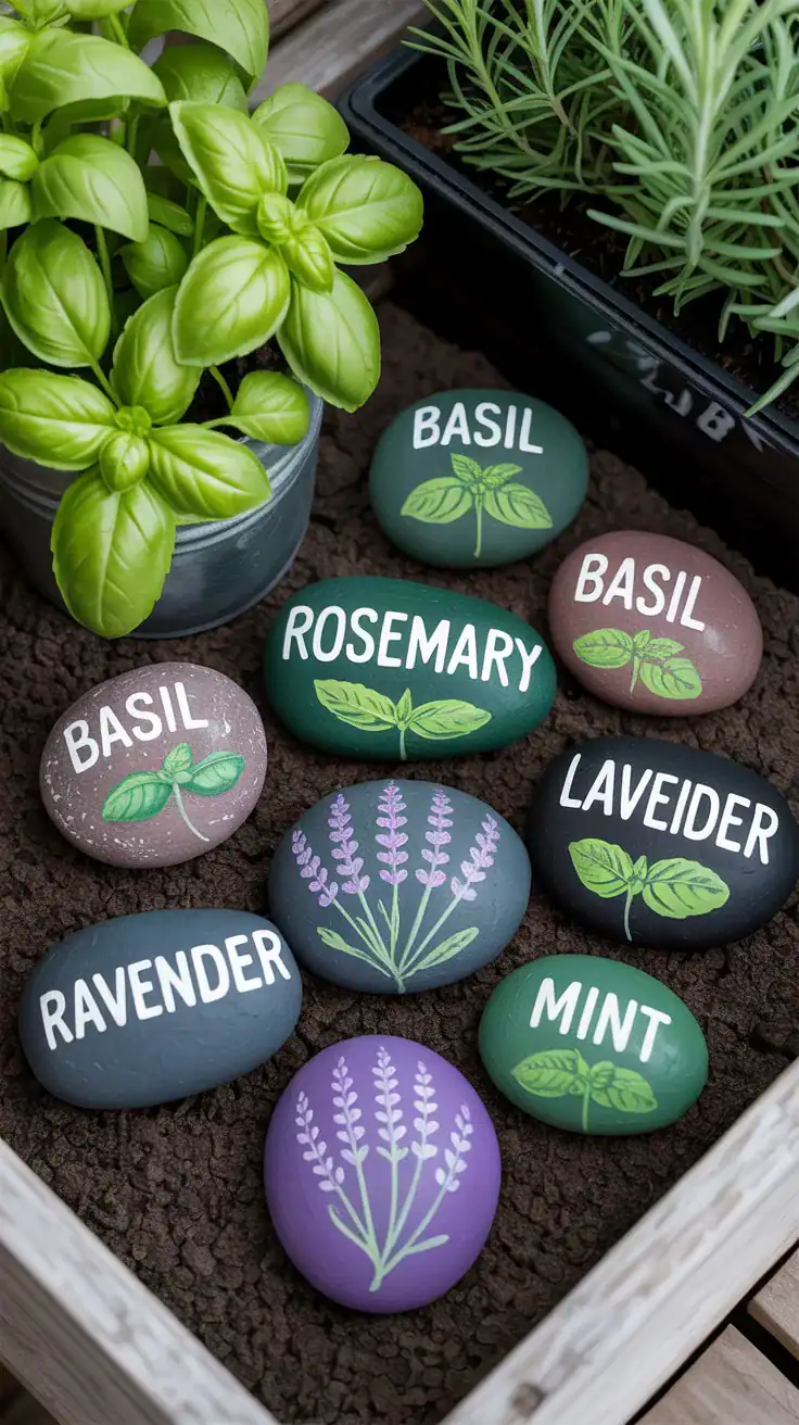 Practical garden marker rocks painted with herb names like basil, rosemary, lavender, and mint in white lettering