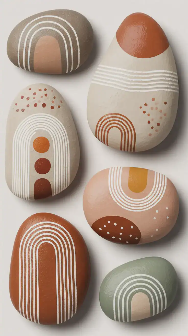 Collection of smooth river rocks painted with minimalist neutral patterns featuring soft arches, dots, and abstract lines in beige, terracotta, and sage colors