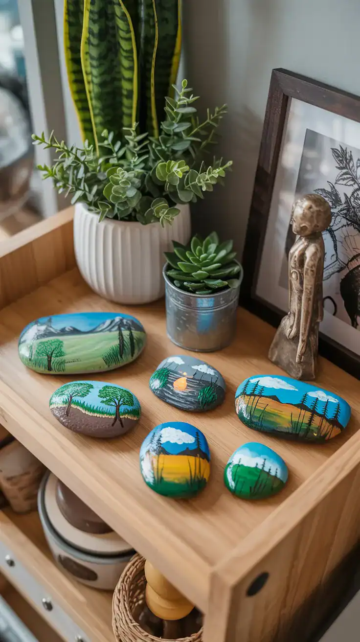 Peaceful scene of completed landscape painted rocks displayed on nature-inspired home decor shelf
