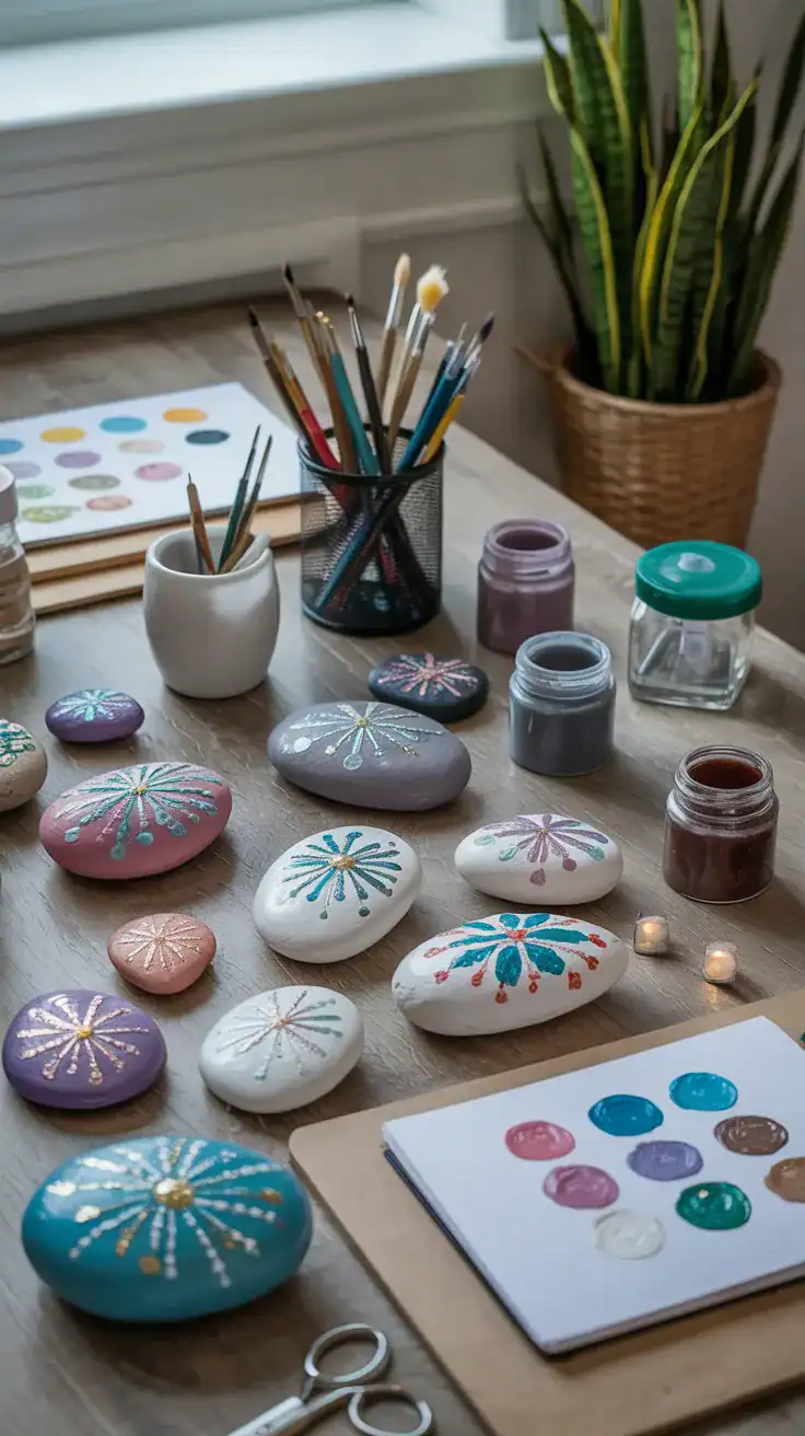Peaceful overhead view of adult crafting space with painted rocks, art supplies, and calming creative atmosphere
