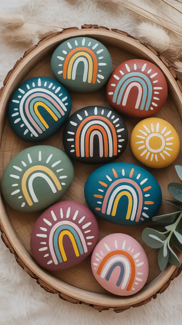 Cheerful boho painted rocks featuring muted rainbow arches, sunshine designs, and earthy warm color palettes