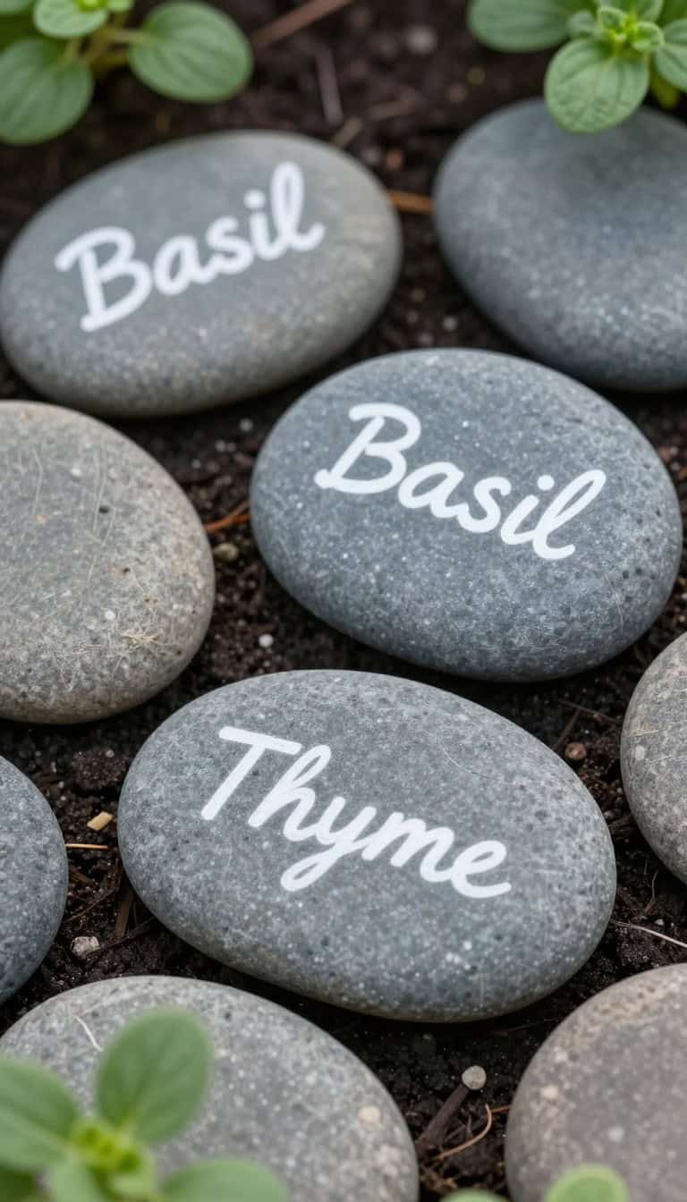 painted garden marker rocks with minimal white lettering on smooth gray river stones arranged in herb garden