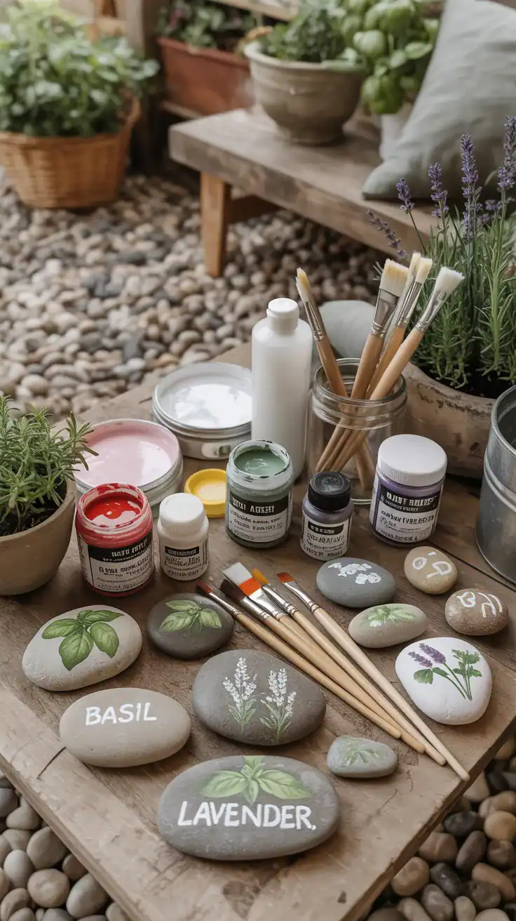 painted garden marker rock supplies on a rustic garden table with paints, brushes, and smooth stones
