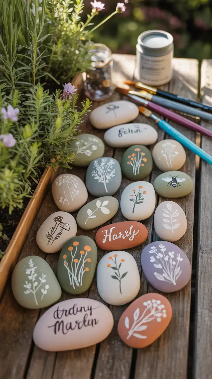 painted garden marker rocks with floral and botanical designs beside herbs in a cottage garden