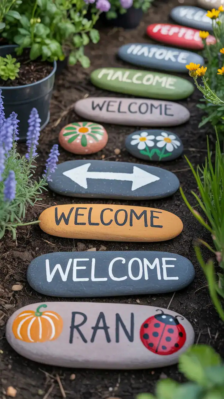Painted garden rocks with arrows, quotes, flowers, and seasonal designs arranged along a cottage garden path.