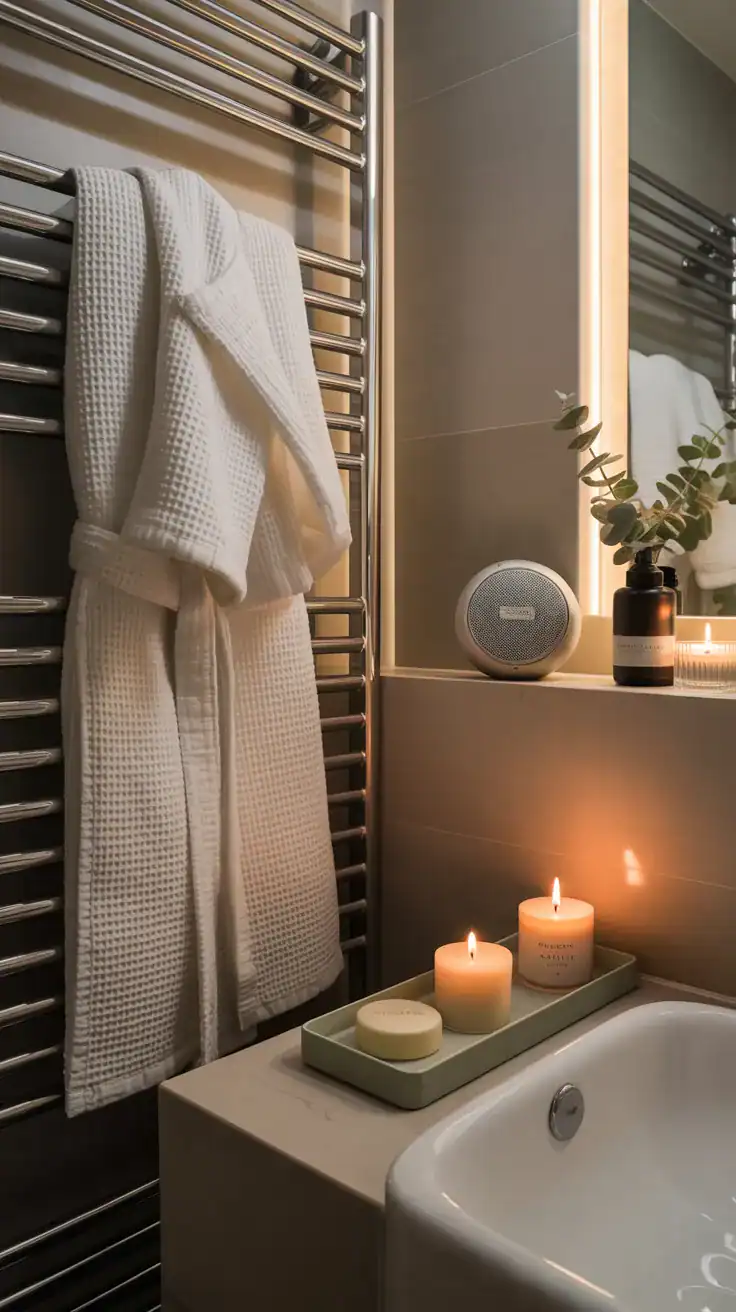 Medium shot: Five-star finishing touches—a heated towel rail with oversized plush towels and a waffle robe, a small tray with one beautiful soap, one lotion, and one candle, plus a compact waterproof speaker on a shelf and a eucalyptus shower spray nearby; cohesive calm palette, cozy evening light.