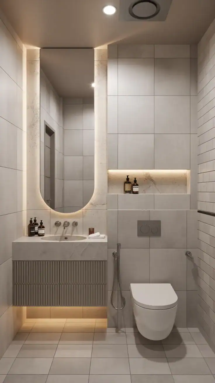 Wide shot: Small spa bathroom—floating vanity with underglow LED, large-format light grey tiles minimizing grout lines, one bold move: a curved mirror or slender stone shelf; built-in niches for shampoo and a floating niche shelf above the toilet; bright but soft lighting, uncluttered.