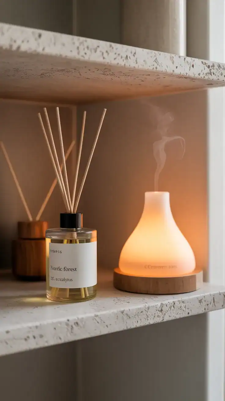 Detail closeup: Signature spa scent vignette—matte stone shelf with a reed diffuser labeled “Nordic Forest” (pine, cedarwood, hint of eucalyptus), an essential oil diffuser on a timer nearby, and a closed candle reserved for bath time; soft, warm light and calm neutrals.