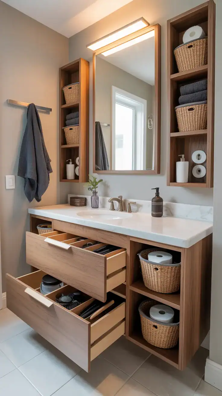 Medium shot, straight-on: Hidden-chaos storage—floating vanity with deep drawers open to reveal dividers for hair tools/brushes, a recessed mirrored medicine cabinet with interior outlets, lidded seagrass and felt bins for TP and towels, and wall hooks instead of bars; clean, functional, spa-tidy.