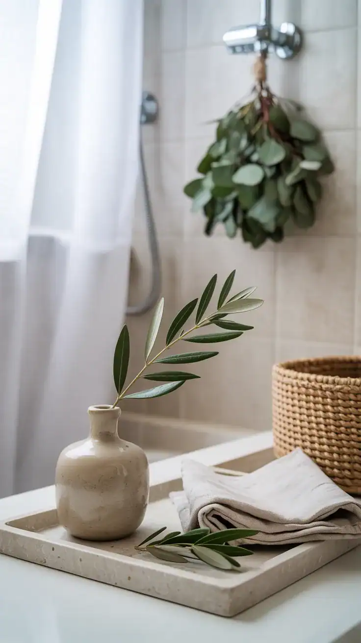 Detail shot: Minimal greenery—one ceramic vase holding a single olive branch on a stone tray, with a folded linen shower curtain and a jute basket in the background; optional fresh eucalyptus bundle hanging in the shower; airy composition, bright natural light.