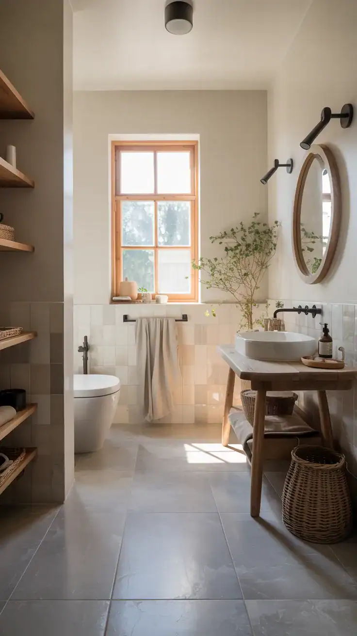 Wide shot: A serene Scandinavian bathroom in a soft-Scandi palette—warm white walls with a hint of cream, light grey matte stone-look porcelain floor tile, natural oak accents, linen textures, and subtle black metal details; abundant natural daylight, minimal styling, calm and airy mood.
