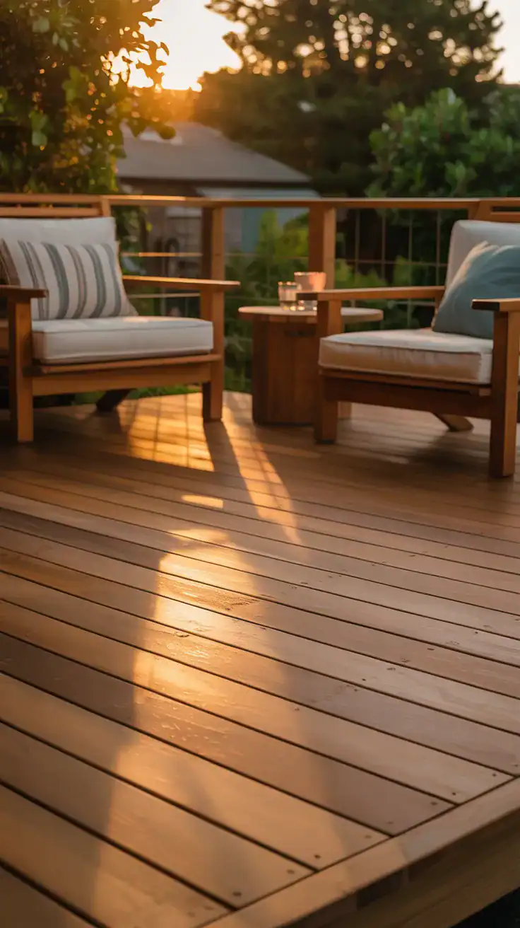 warm honey cedar stain glowing in golden evening light with soft outdoor seating and natural wood warmth