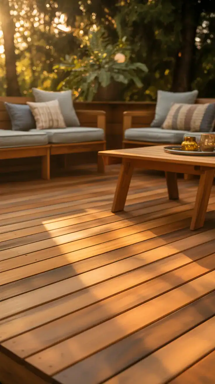 rustic chestnut stain on cedar deck creating warm cabin inspired atmosphere with natural wood texture