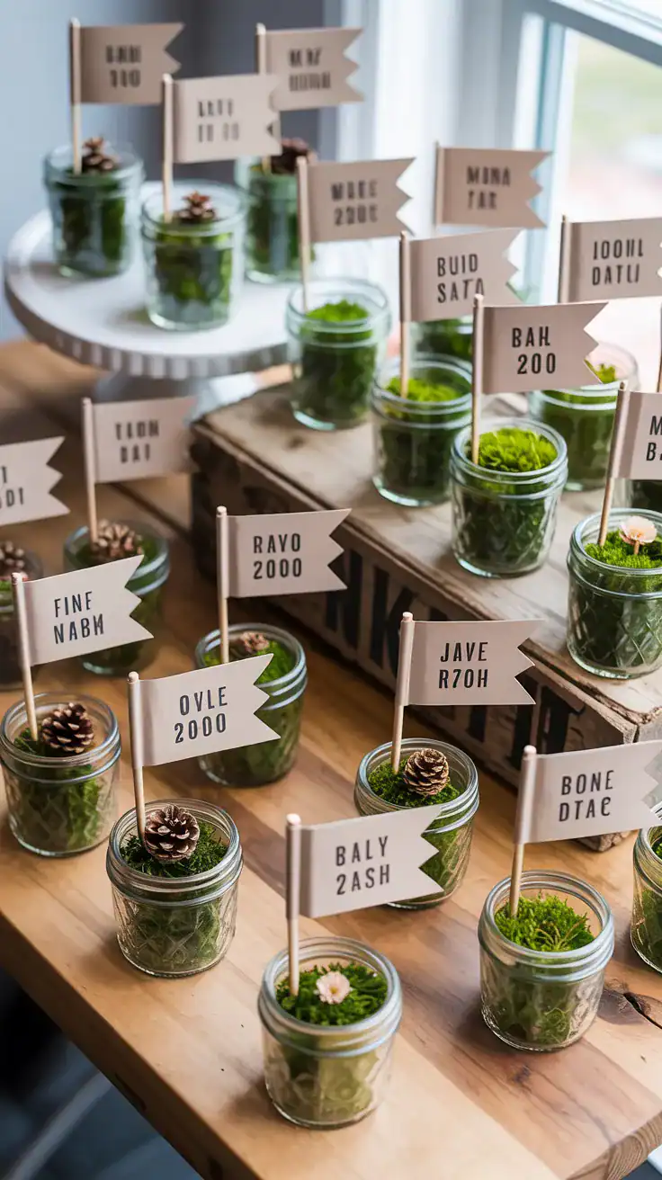 Overhead detail shot of escort card terrariums: small mason jars arranged on a natural wood table, each filled with uniform green moss base, a tiny pinecone or a single dried flower, and a mini paper flag on a pick with bold black ink names and table numbers; cohesive display with some jars elevated on a white cake stand and a weathered wooden crate to create a mini landscape; earthy palette with touches of beige and blush; soft window light, crisp focus on paper flags and textures, no people.